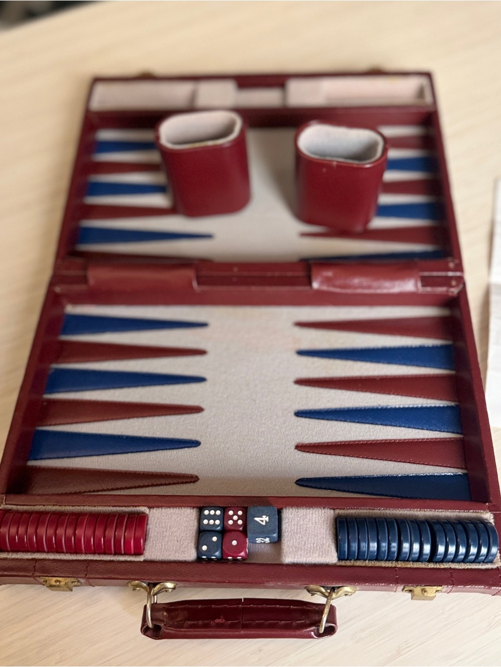 Vintage Retro Red & Blue Backgammon Set - Complete Game cups, dice and chips